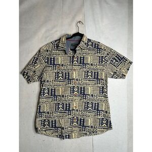 Orvis Mens L Navy Blue Geometric Tribal Print Cotton Short Sleeve Button Down